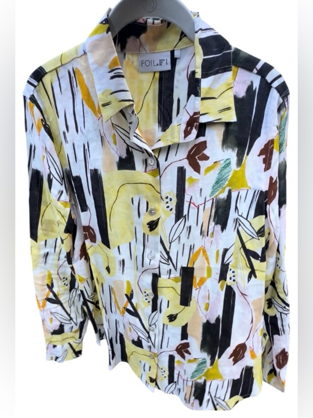 👩‍🎨Foil+ Women's Abstract Print Linen Blouse - Yellow and Black Sz 4🎨